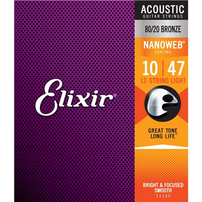 Elixir 11152 Nanoweb 80/20 12 String Light 10-47 Acoustic Guitar Strings