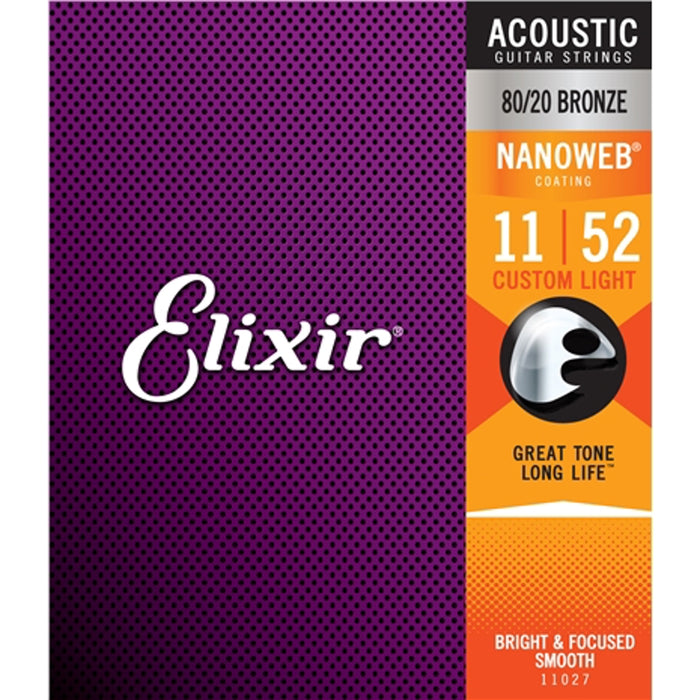 Elixir 11027 Nanoweb 80/20 Custom Light 11-52 Acoustic Guitar Strings