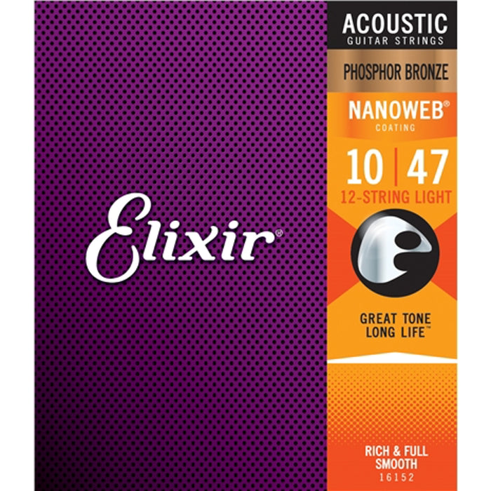 Elixir 16152 Nanoweb Phosphor Bronze 12 String Light 10-47 Acoustic Guitar Strings
