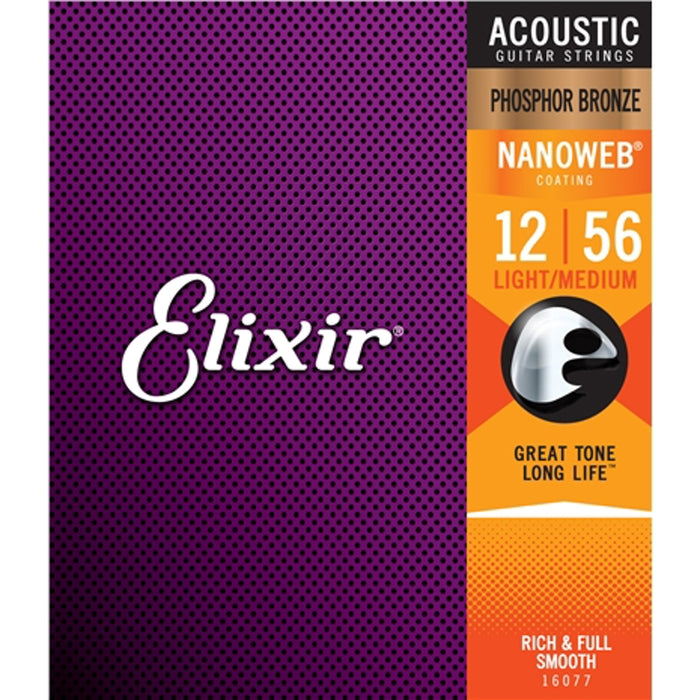 Elixir 16077 Nanoweb Phosphor Bronze Light-Med 12-56 Acoustic Guitar Strings