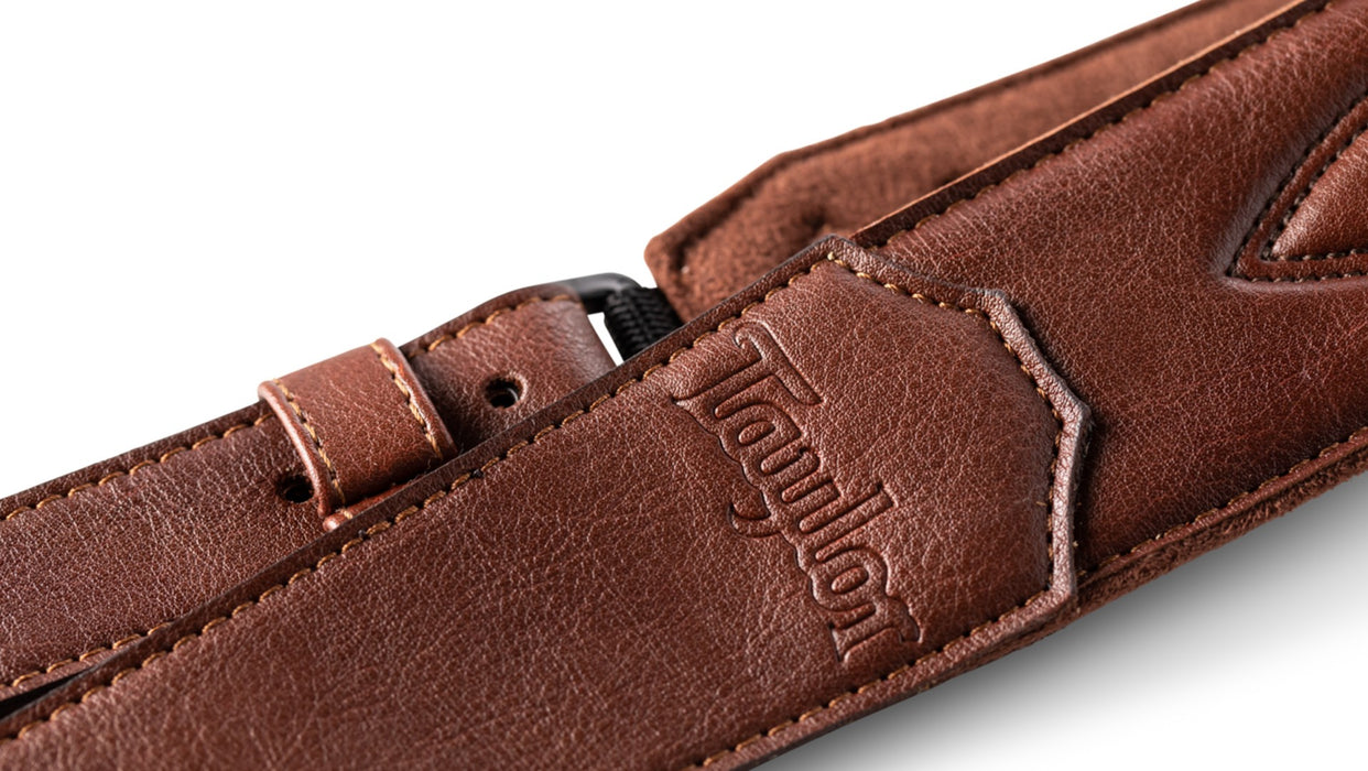 Taylor Vegan Leather Strap. Med Brown w/ Stitching 2 inch- Embossed Logo