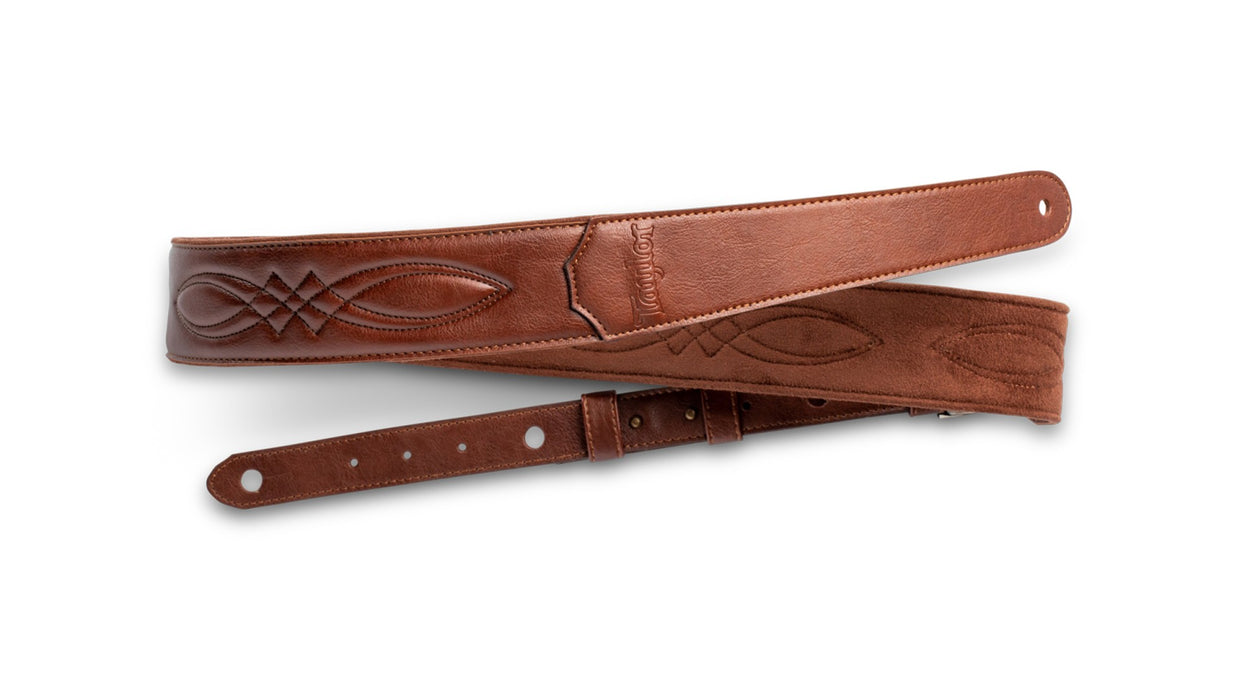 Taylor Vegan Leather Strap. Med Brown w/ Stitching 2 inch- Embossed Logo