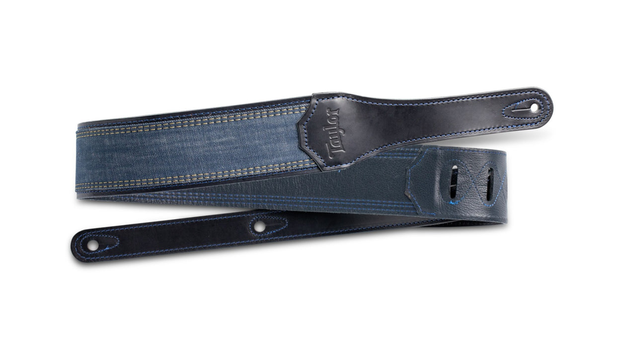 Taylor Blue Denim Strap - Navy Leather Edges- 2.5 inch- Embossed Logo