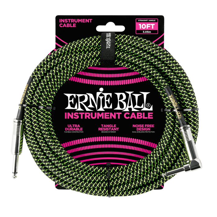 Ernie Ball 10ft Braided Instrument Cable - Straight to Angled - Black and Green