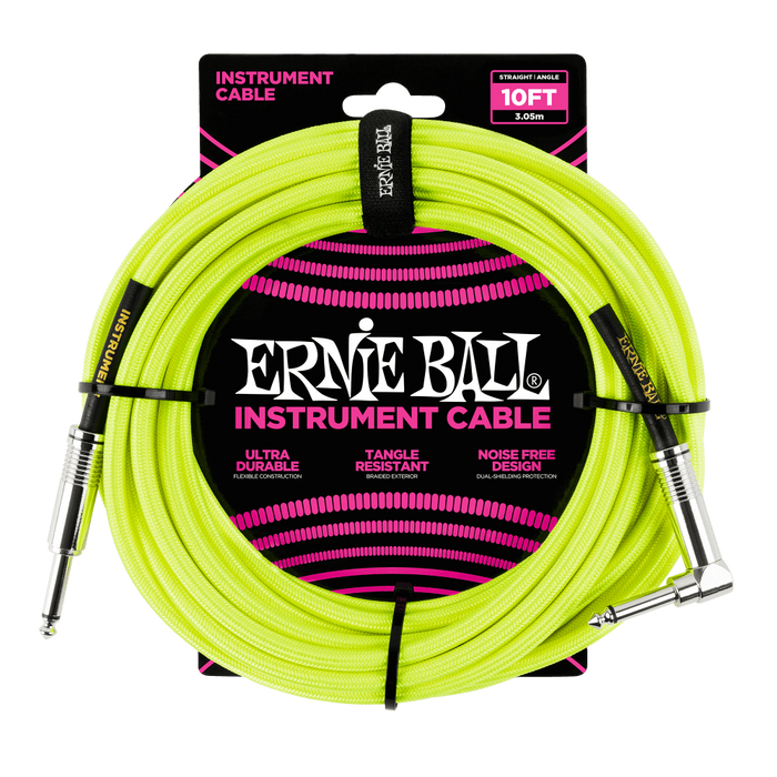 Ernie Ball 10ft Braided Instrument Cable - Straight to Angled - Neon Yellow