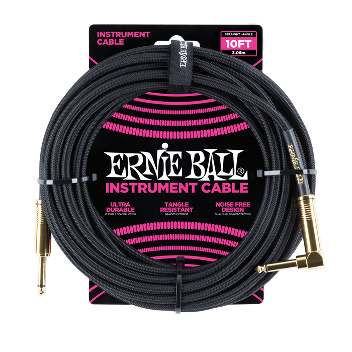 Ernie Ball 10ft Braided Instrument Cable - Straight to Angled - Black