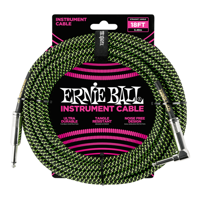 Ernie Ball 18ft Braided Instrument Cable - Straight to Angled - Black and Green