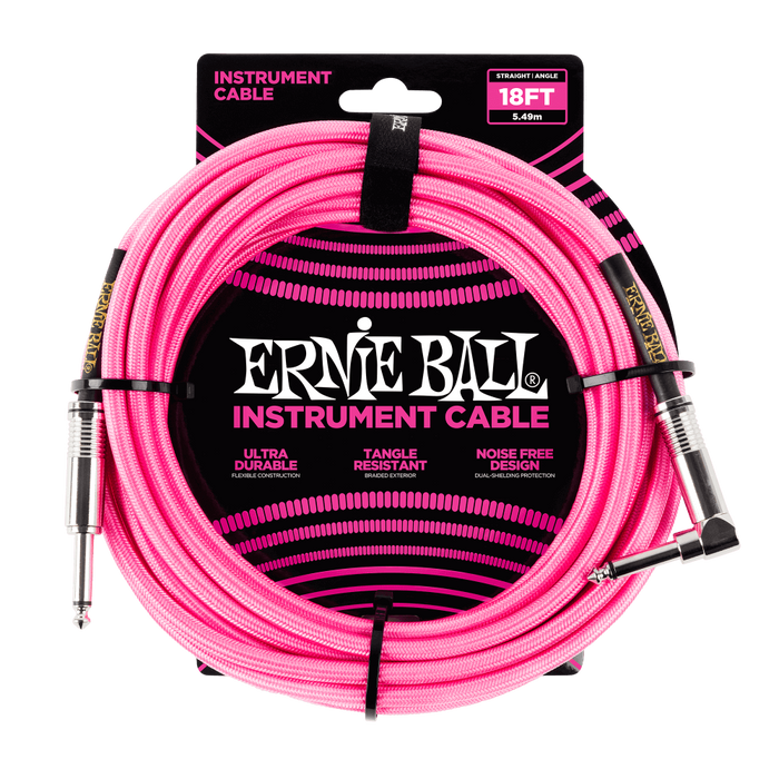 Ernie Ball 18ft Braided Instrument Cable - Straight to Angled - Neon Pink