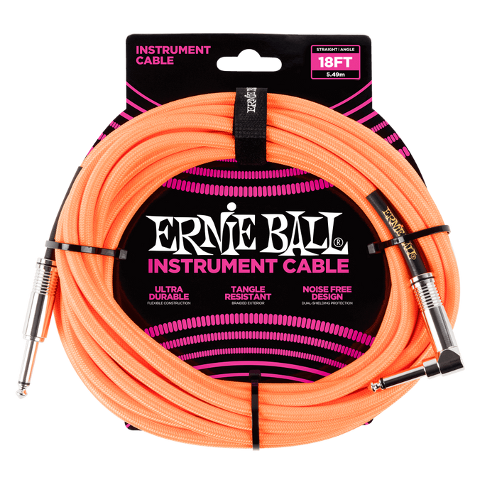 Ernie Ball 18ft Braided Instrument Cable - Straight to Angled - Neon Orange