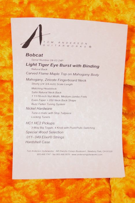 Tom Anderson Bobcat Electric Guitar - Light Tiger Eye Burst - Serial Number: 04-02-24P