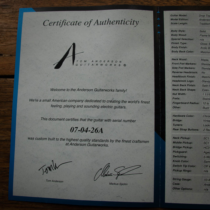 Tom Anderson Drop Top Classic HSS - Artic Blue Burst - Serial Number: 07-04-26A