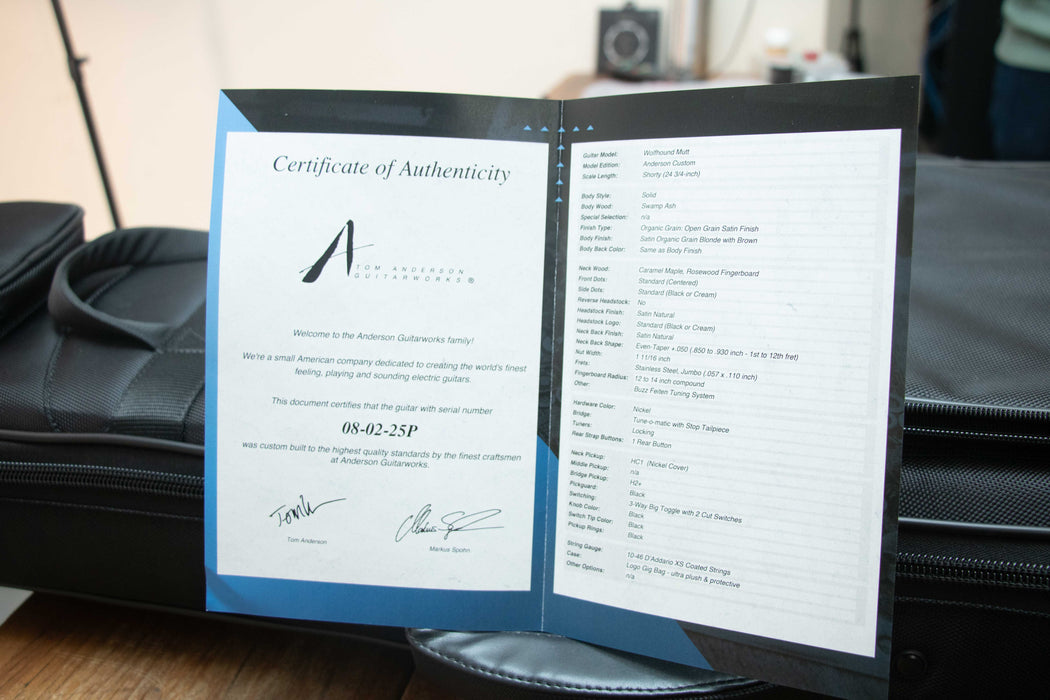 Tom Anderson Wolfhound Mutt Electric Guitar - Satin Organic Grain Blonde with Brown - Serial Number: 08-02-25P