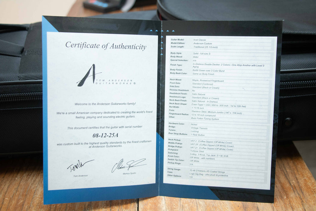 Tom Anderson Icon Classic Electric Guitar - In-Distress - Bullit Green over 3 Color Burst - Serial Number: 08-12-25A