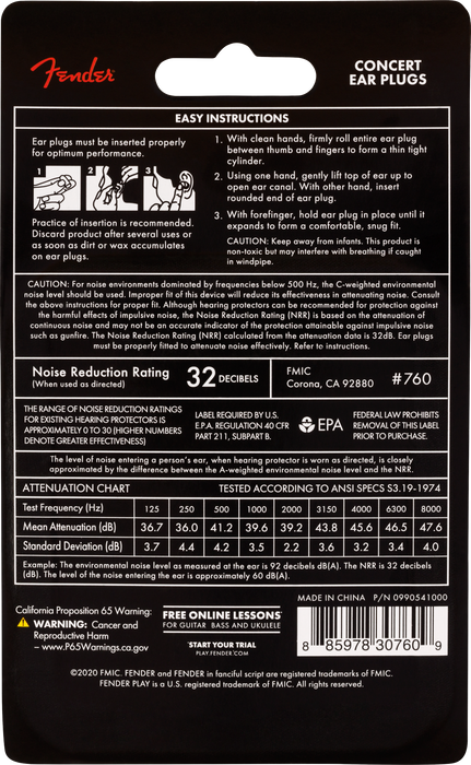 Fender Concert Ear Plugs 10 Pair Daphne Blue