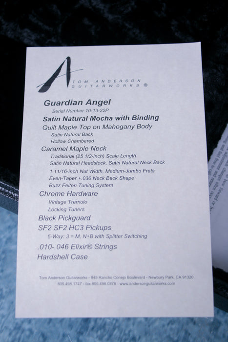 Tom Anderson Guardian Angel Hollow HSS Electric Guitar w/Case - Satin Natural Mocha - Preowned