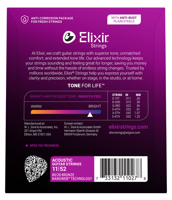 Elixir 11027 Nanoweb 80/20 Custom Light 11-52 Acoustic Guitar Strings