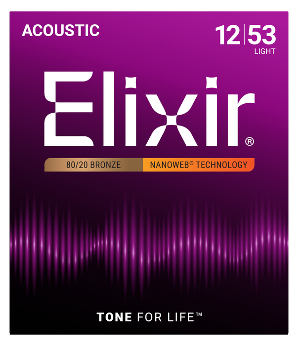 Elixir 11052 Nanoweb 80/20 Light 12-53 Acoustic Guitar Strings