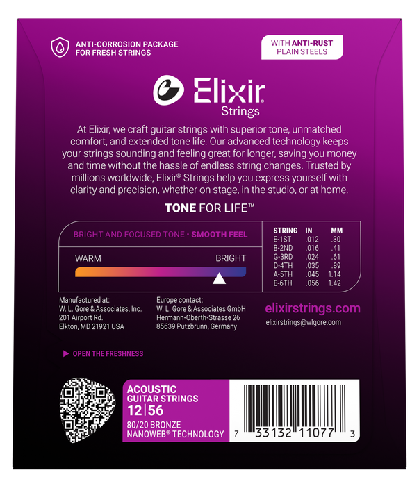 Elixir 11077 Nanoweb 80/20 Light/Medium 12-56 Acoustic Guitar Strings
