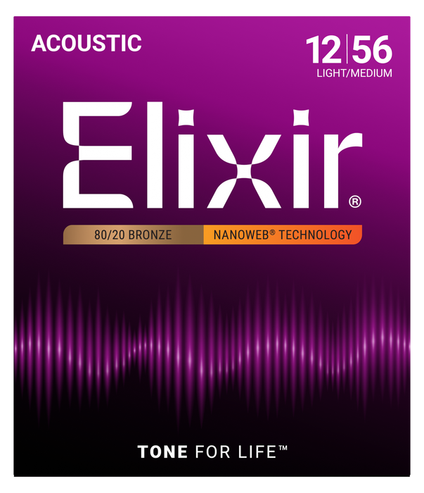 Elixir 11077 Nanoweb 80/20 Light/Medium 12-56 Acoustic Guitar Strings