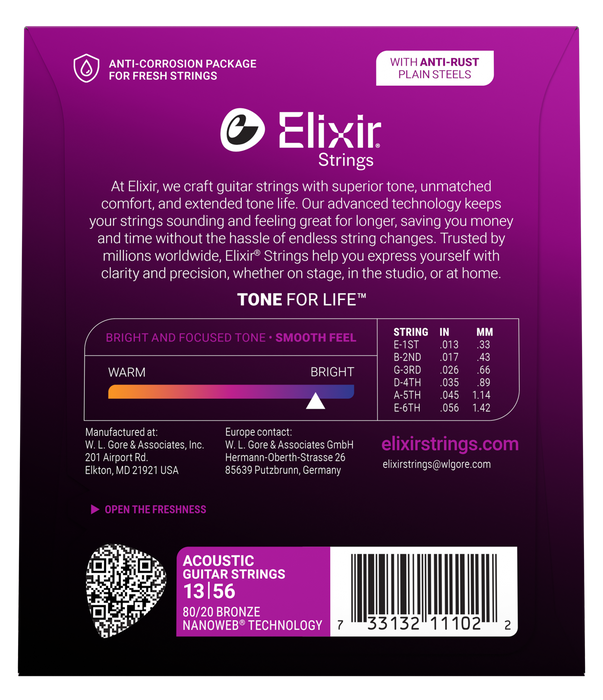 Elixir 11102 Nanoweb 80/20 Medium 13-56 Acoustic Guitar Strings