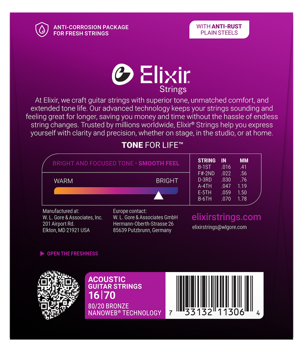 Elixir 11306 Nanoweb 80/20 Baritone 6 String 16-70 Acoustic Guitar Strings