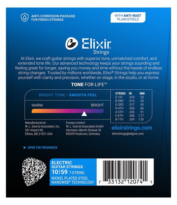 Elixir 12074 Nanoweb 7 String Light/Heavy 10/59 Electric Guitar Strings