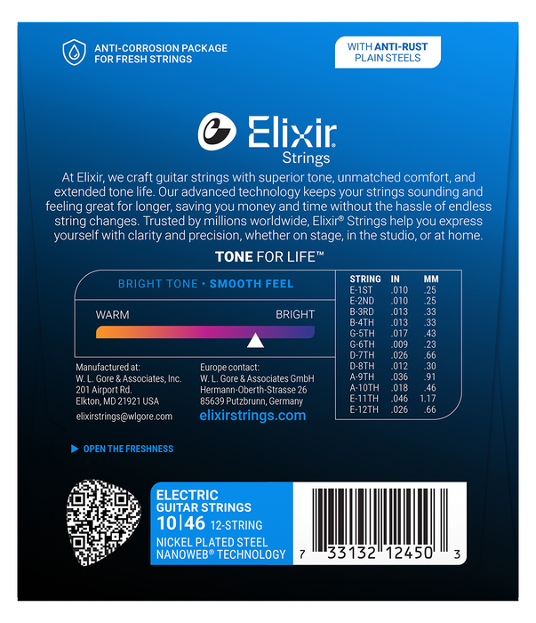 Elixir 12450 Nanoweb 12 String Light 10-46 Electric Guitar Strings