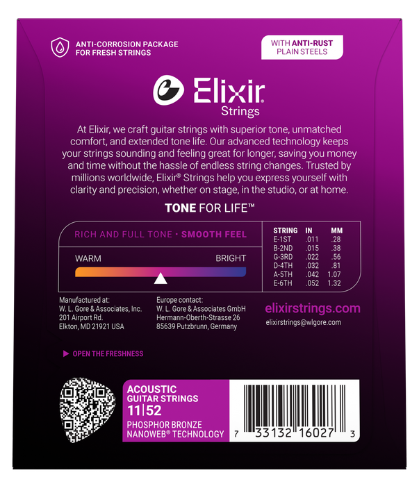 Elixir 16027 Nanoweb Phosphor Bronze Custom Light 11-52 Acoustic Guitar Strings