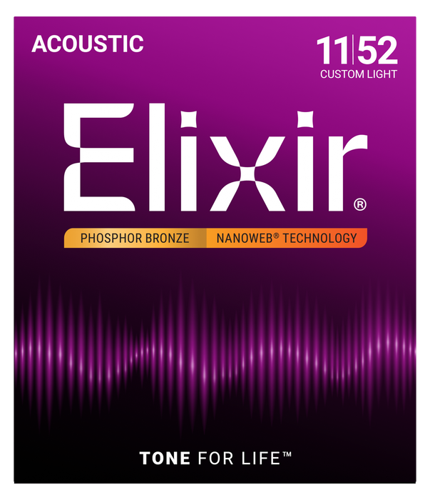 Elixir 16027 Nanoweb Phosphor Bronze Custom Light 11-52 Acoustic Guitar Strings