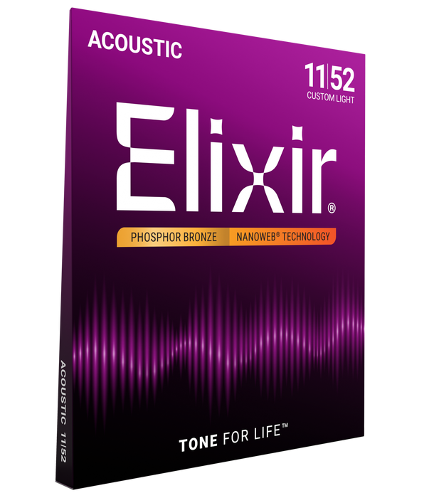 Elixir 16027 Nanoweb Phosphor Bronze Custom Light 11-52 Acoustic Guitar Strings