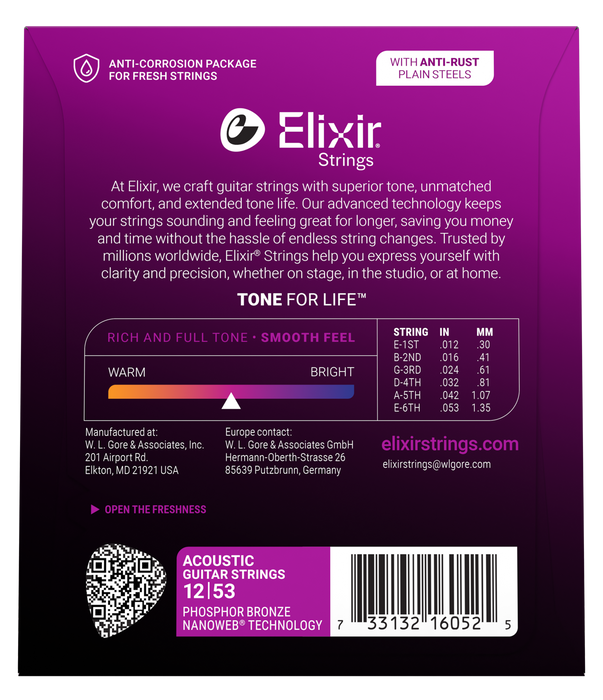 Elixir 16052 Nanoweb Phosphor Bronze Light 12-53 Acoustic Guitar Strings
