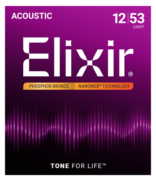Elixir 16052 Nanoweb Phosphor Bronze Light 12-53 Acoustic Guitar Strings