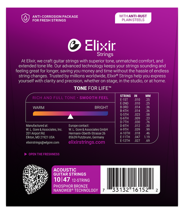 Elixir 16152 Nanoweb Phosphor Bronze 12 String Light 10-47 Acoustic Guitar Strings