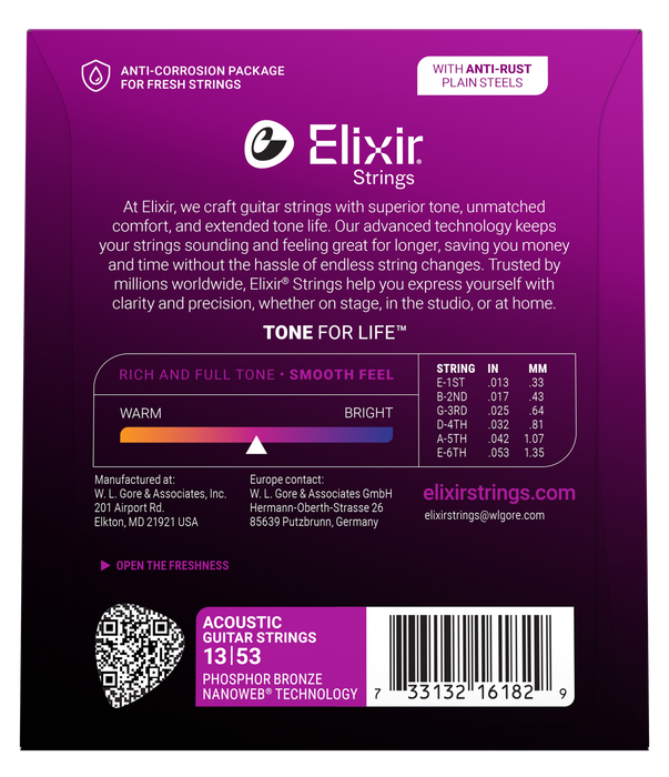 Elixir 16182 Nanoweb Phosphor Bronze HD Light 13-53 Acoustic Guitar Strings