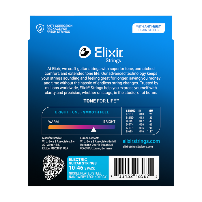 Elixir 16567 Nanoweb Light 10-46 Electric Guitar Strings - 3 Pack