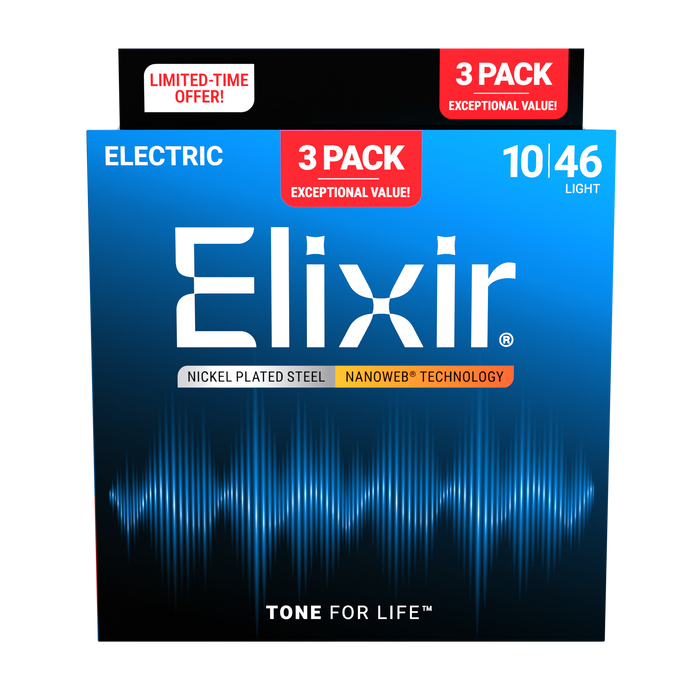 Elixir 16567 Nanoweb Light 10-46 Electric Guitar Strings - 3 Pack