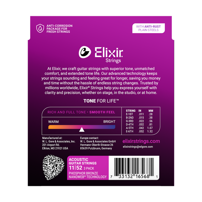 Elixir 16568 Nanoweb Phosphor Bronze Custom Light 11-52 Acoustic Guitar Strings - 3 Pack