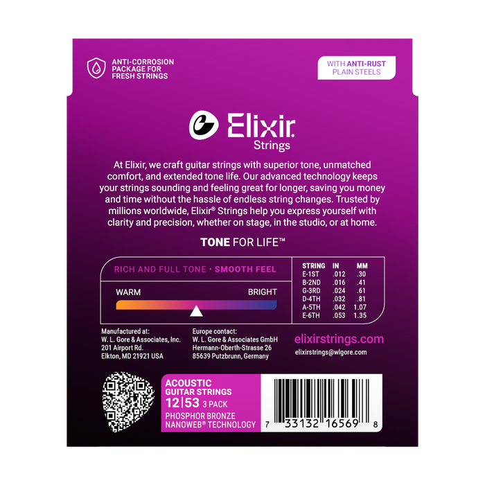 Elixir 16569 Nanoweb Phosphor Bronze Light 12-53 Acoustic Guitar Strings - 3 Pack