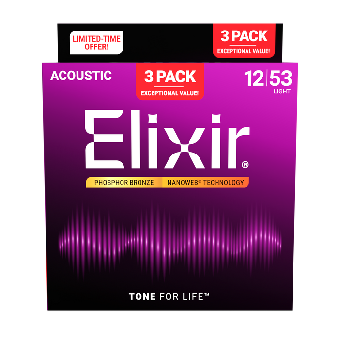 Elixir 16569 Nanoweb Phosphor Bronze Light 12-53 Acoustic Guitar Strings - 3 Pack