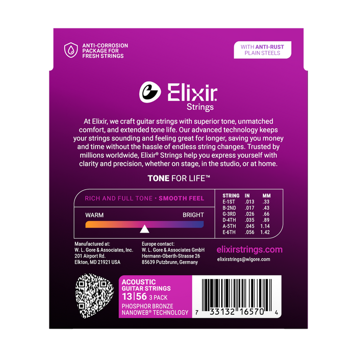 Elixir 16570 Nanoweb Phosphor Bronze Medight 13-56 Acoustic Guitar Strings - 3 Pack