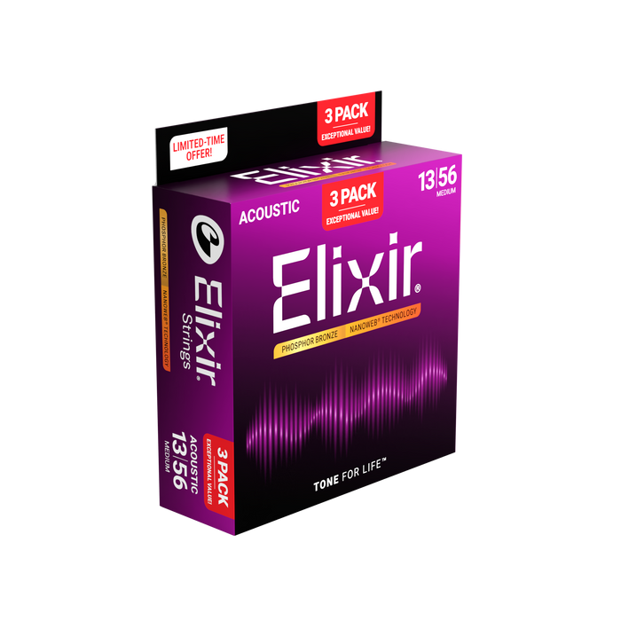 Elixir 16570 Nanoweb Phosphor Bronze Medight 13-56 Acoustic Guitar Strings - 3 Pack