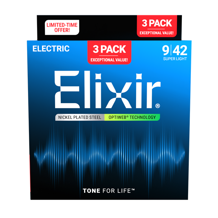 Elixir 16571 Optiweb Super Light 9-42 Electric Guitar Strings - 3 Pack