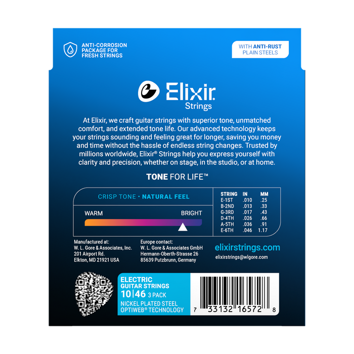Elixir 16572 Optiweb Light 10-46 Electric Guitar Strings - 3 Pack