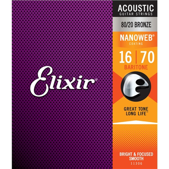 Elixir 11306 Nanoweb 80/20 Baitone 6 String 16-70 Acoustic Guitar Strings