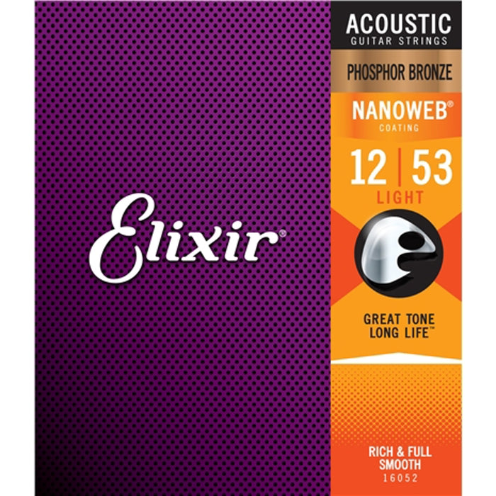 Elixir 16052 Nanoweb Phosphor Bronze Light 12-53 Acoustic Guitar Stringss