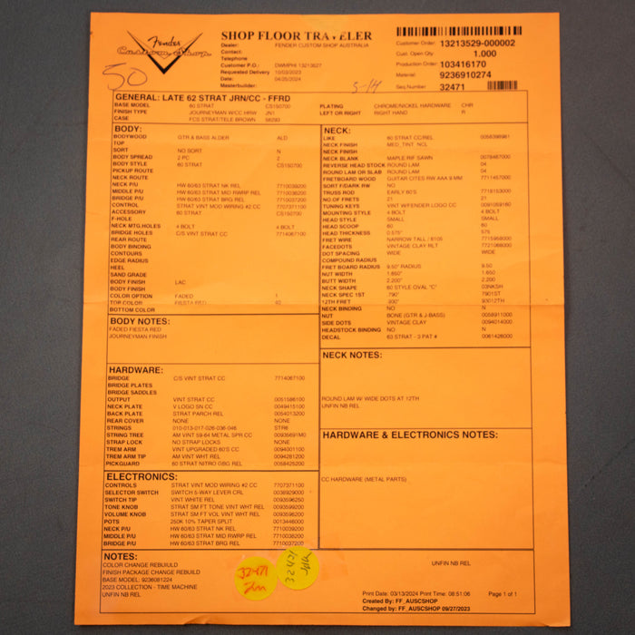 Fender Custom Shop Late 62 Stratocaster Journeyman Relic w/Case - Faded Fiesta Red - Preowned