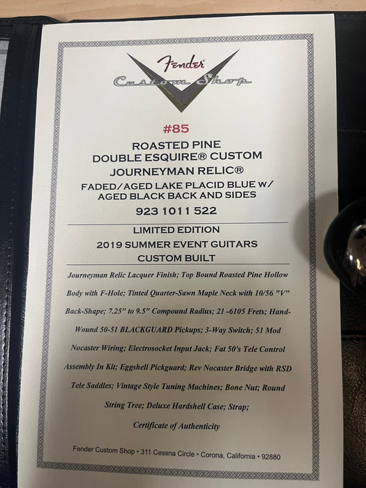 Fender Custom Shop Double Esquire Custom Thinline Journeyman Relic w/Case - Faded Aged Lake Placid Blue - Preowned