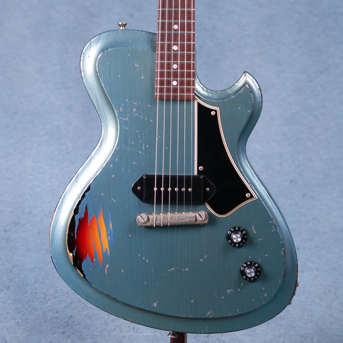 Novo Solus M1 Medium Distress Electric Guitar - Aged Pelham Blue over 64 3 Tone Burst