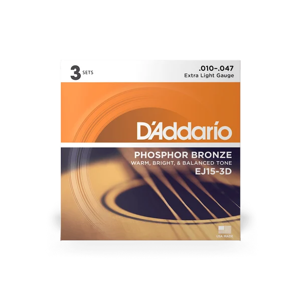 DAddario EJ15-3D 10-47 Phosphor Bronze Extra Light Acoustic Guitar String s 3 pack
