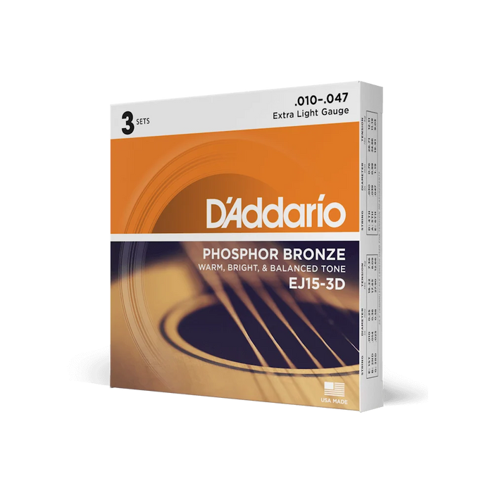 DAddario EJ15-3D 10-47 Phosphor Bronze Extra Light Acoustic Guitar String s 3 pack